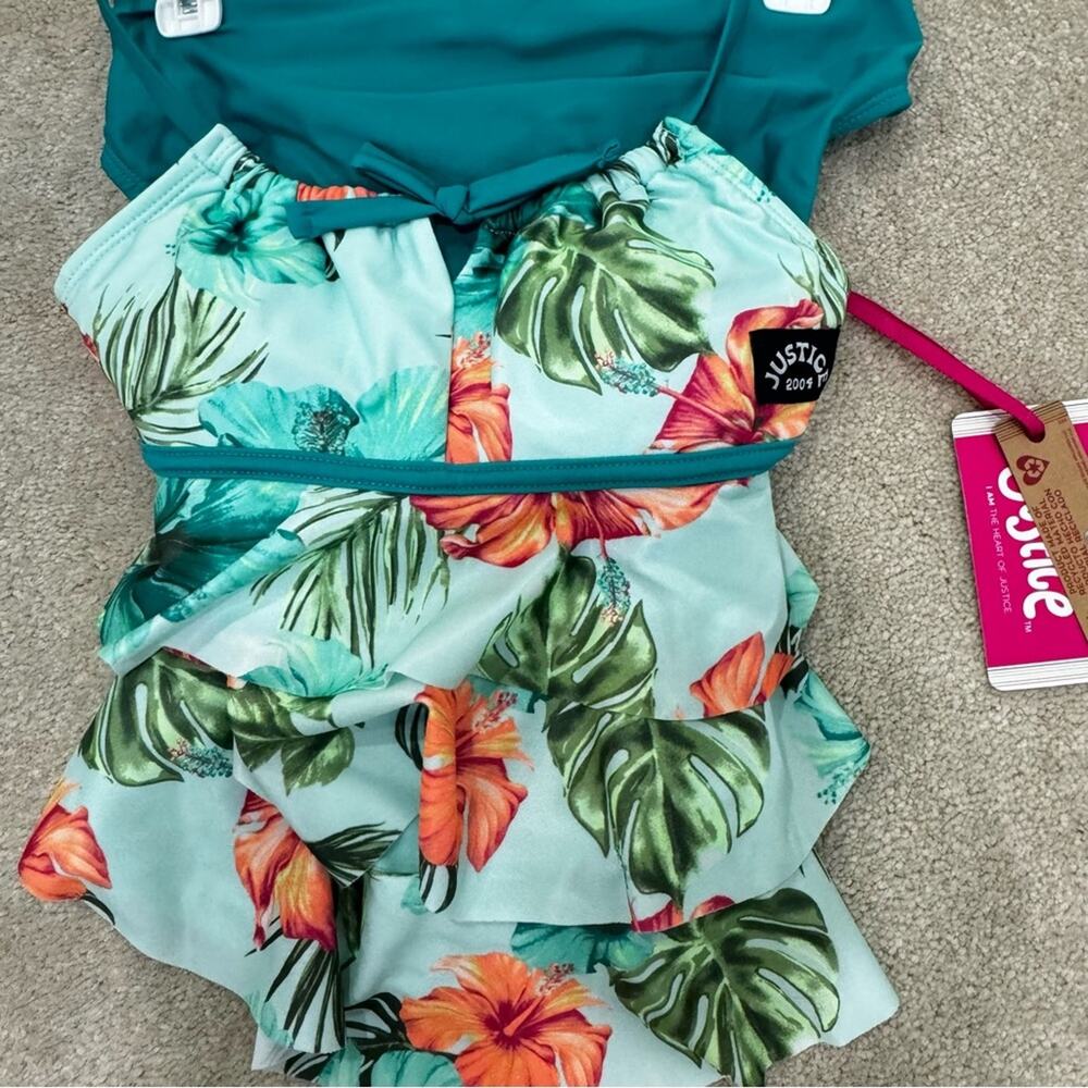NWT Justice Kids Tropical Leaf Tankini Swimsuit - Teal and Orange, size M (10)
